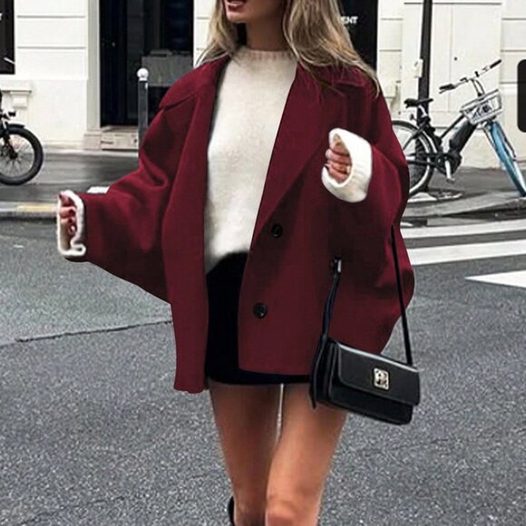 Burgundy Casual Women's Elegant Lapel oversized button down coat - Picture 4 of 6